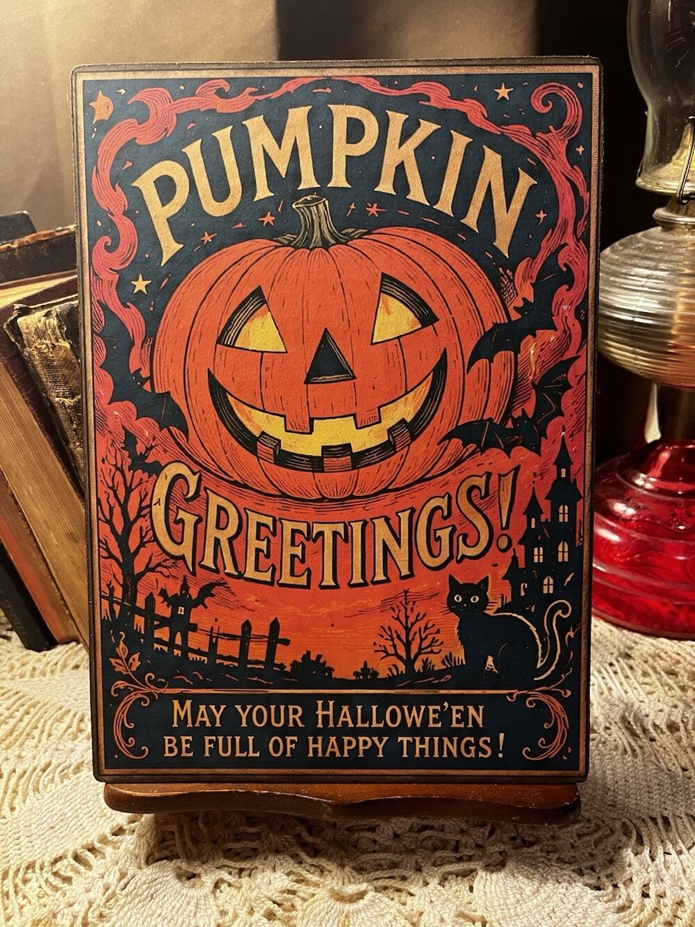 Halloween, Pumpkin Greetings, Retro Handcrafted Plaque